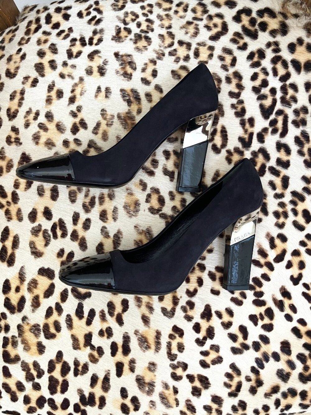 Prada Black Suede Patent Leather Square Toe Pumps IT 37.5/ US 7